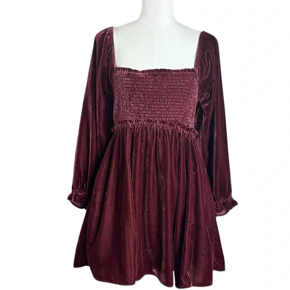 Free People Dainty Renaissance Daphne Velvet Mini Dress Burgundy Brown Medium - Picture 11 of 17